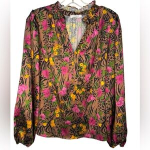 Avara Vibrant Floral and Animal Print Blouse - Pink Yellow Brown - Medium